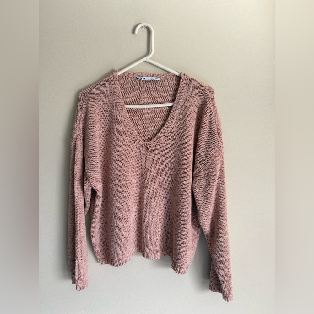 ZARA Mauve Linen-Blend V-Neck Sweater Medium